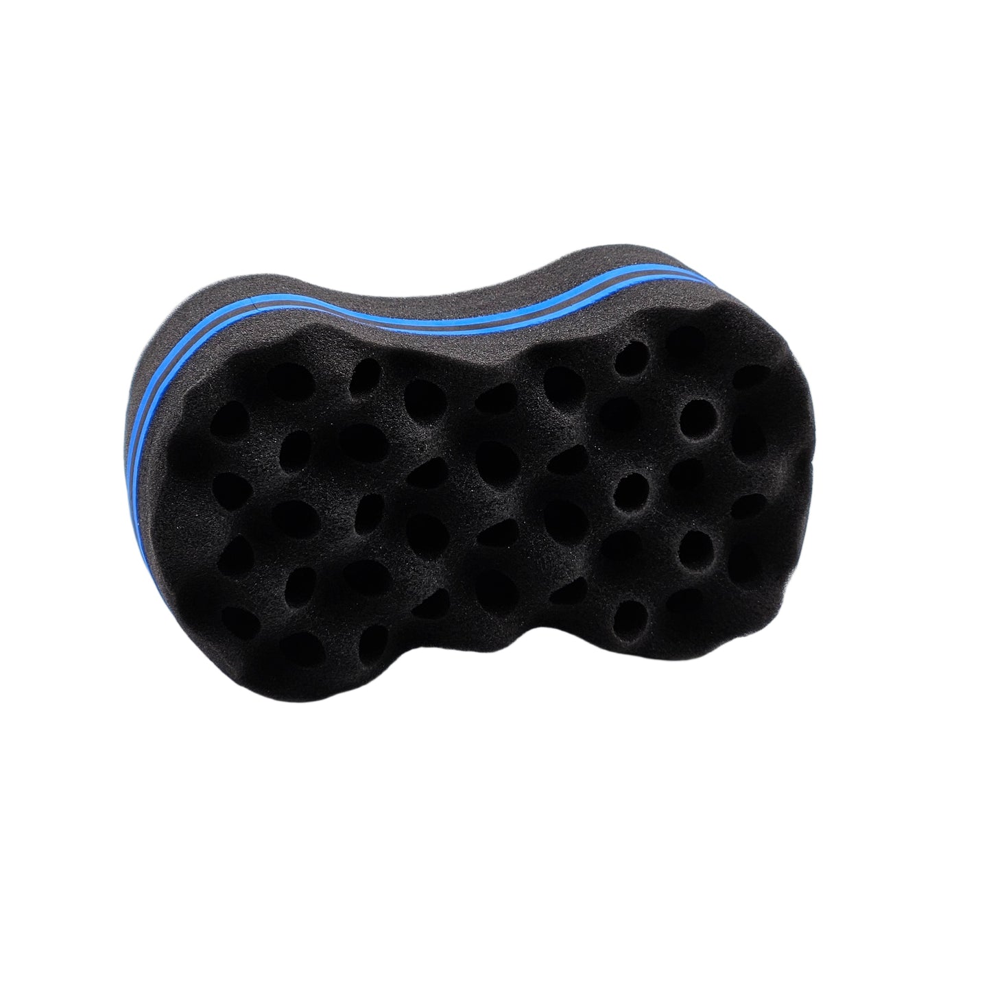Black textured hair sponge with blue accent on a white background