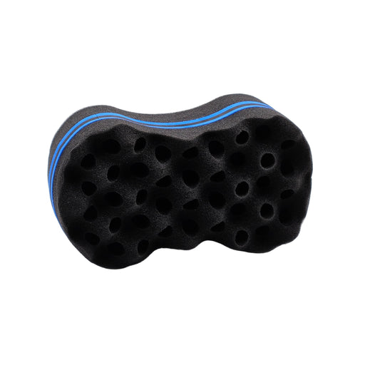 Black textured hair sponge with blue accent on a white background